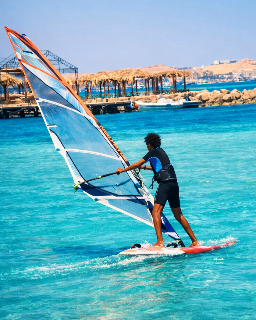 windsurfing in Hurghada Red Sea instructor riding board crystal clear water Egypt