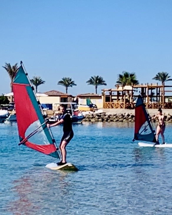 windsurfing student Hurghada learning balance Red Sea lesson Egypt